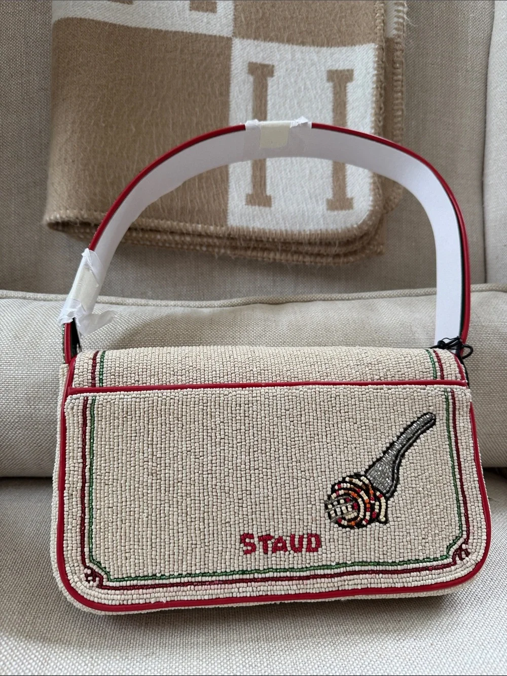 Staud, Beaded Tomato Motif Shoulder Bag - Red/Cream - Picture 2 of 4